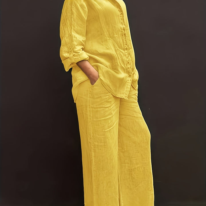 Casual Collar Cardigan and Wide-Leg Pants Set, Elegant Versatile Slim Fit Solid Color Chic Shirt Top with Soft Fabric for Comfortable Beach Vacation Daily/Office Commute Loose Waist Trousers Two-Piece Outfit
