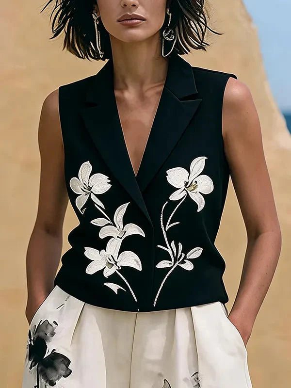 Jasmine | Floral Embroidered Vest Wide-Leg Pants Set