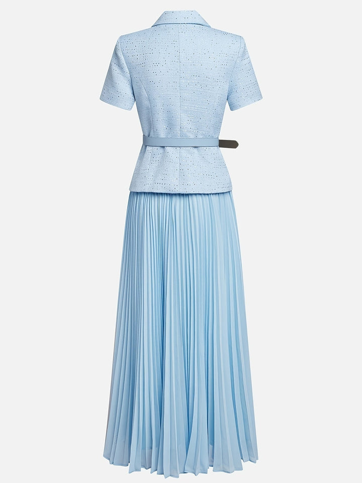 Elegant Light Blue Short-Sleeve Thickened Waistcoat Suit Jacket And Pleated Chiffon Pleated Half-Length Skirt Urban Office Suit Half-Length Skirt Set