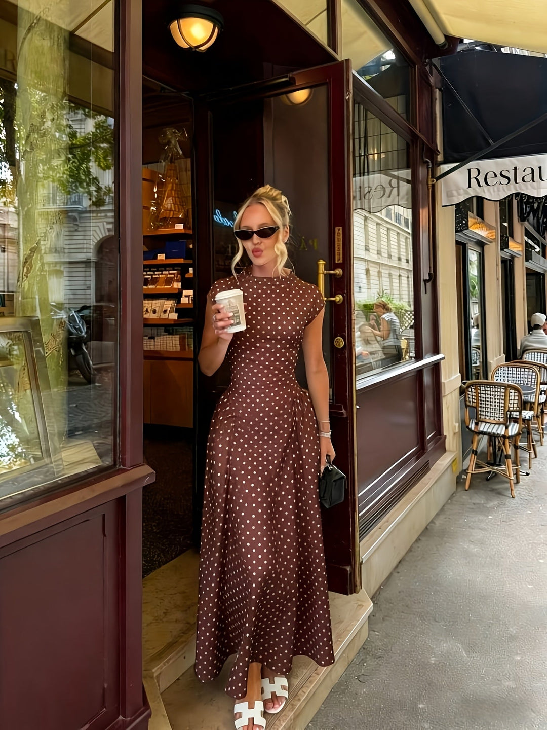 Polka Dot Waist-Cinching Maxi Dress