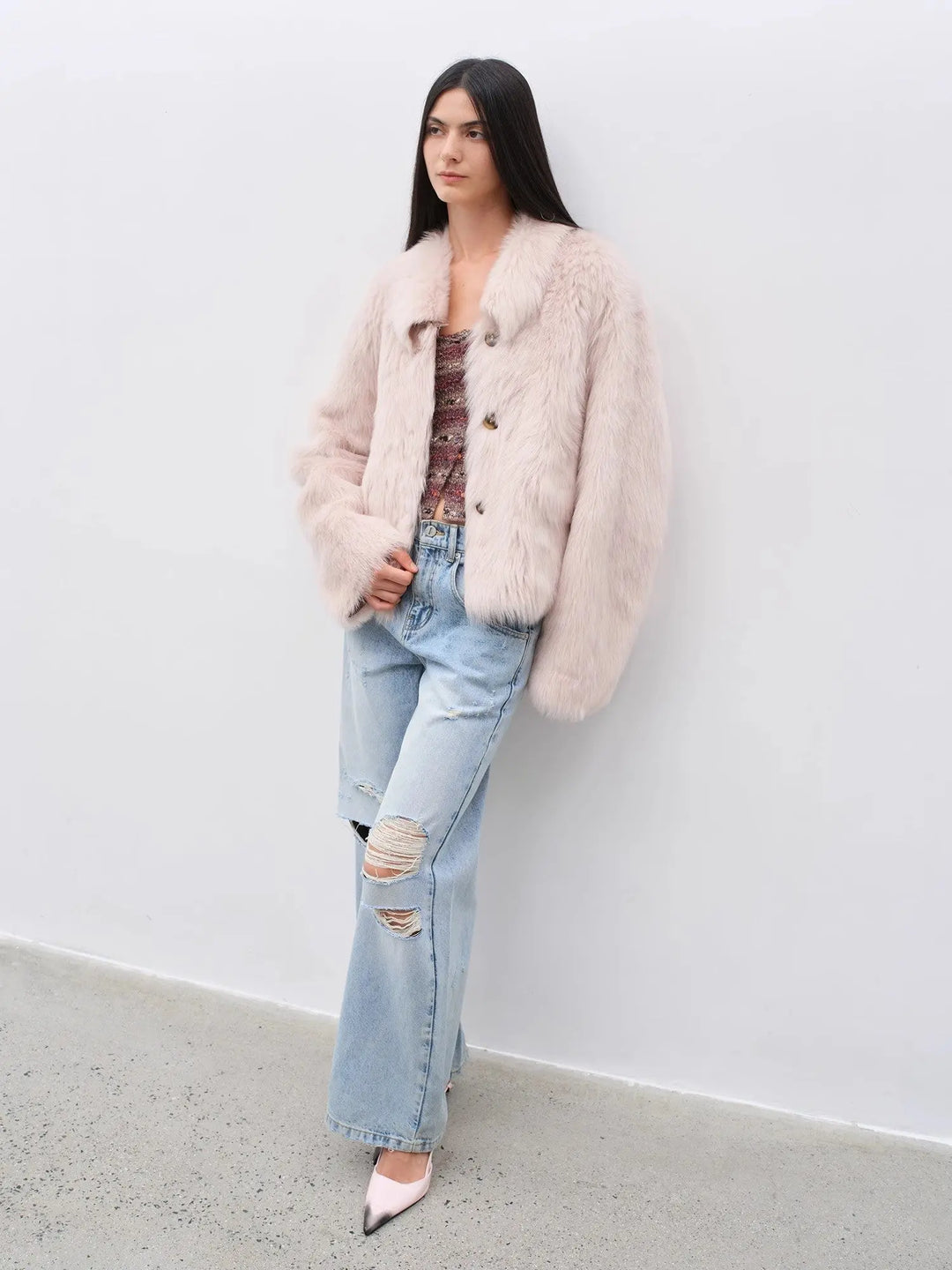 "Dream Walk" long lapel Toscana wool sheepskin short fur coat for women