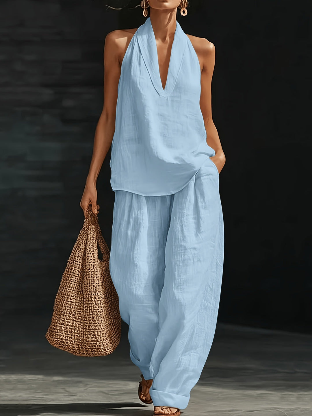 Linen V-Neck Top and Wide-Leg Pants Set