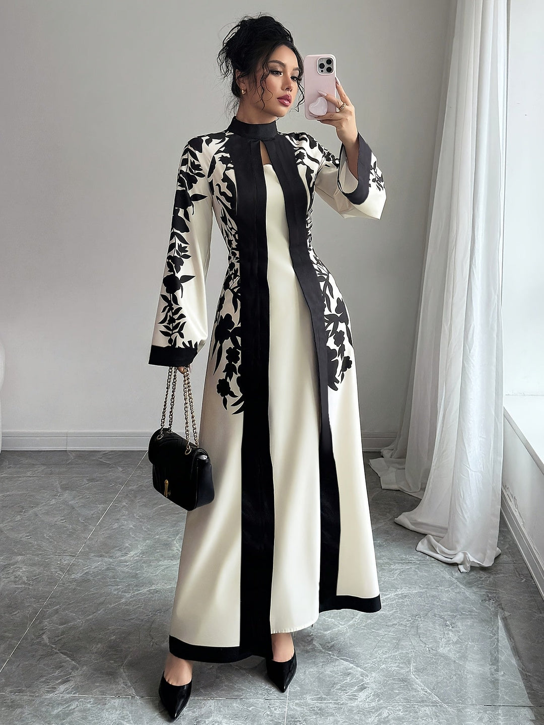 Fashionable Elegant Faux Two-Piece Fall/Winter New Floral Print Long Sleeve Maxi Dress