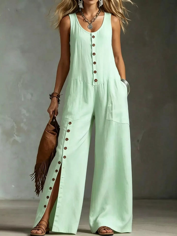 Sleeveless Button-Front Wide-Leg Jumpsuit — Plus Size