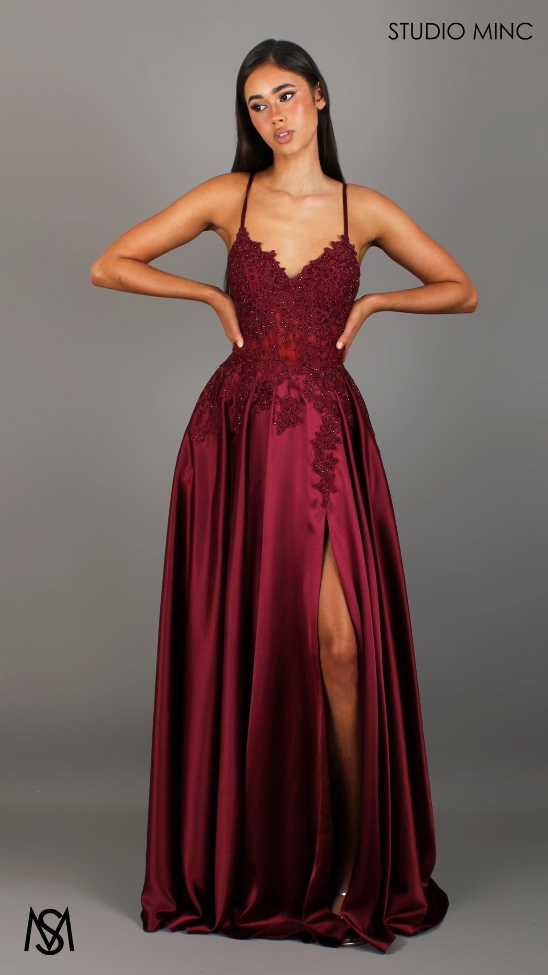 Eden - Burgundy Red formal dress | Floral V neckline, backless, A-line Satin Gown with Pockets