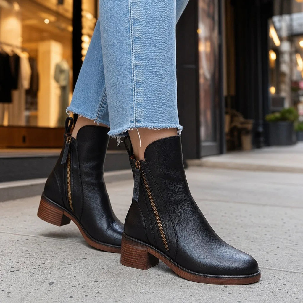 Edmee | Block Heel Zip Ankle Boots