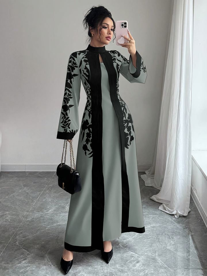 Fashionable Elegant Faux Two-Piece Fall/Winter New Floral Print Long Sleeve Maxi Dress