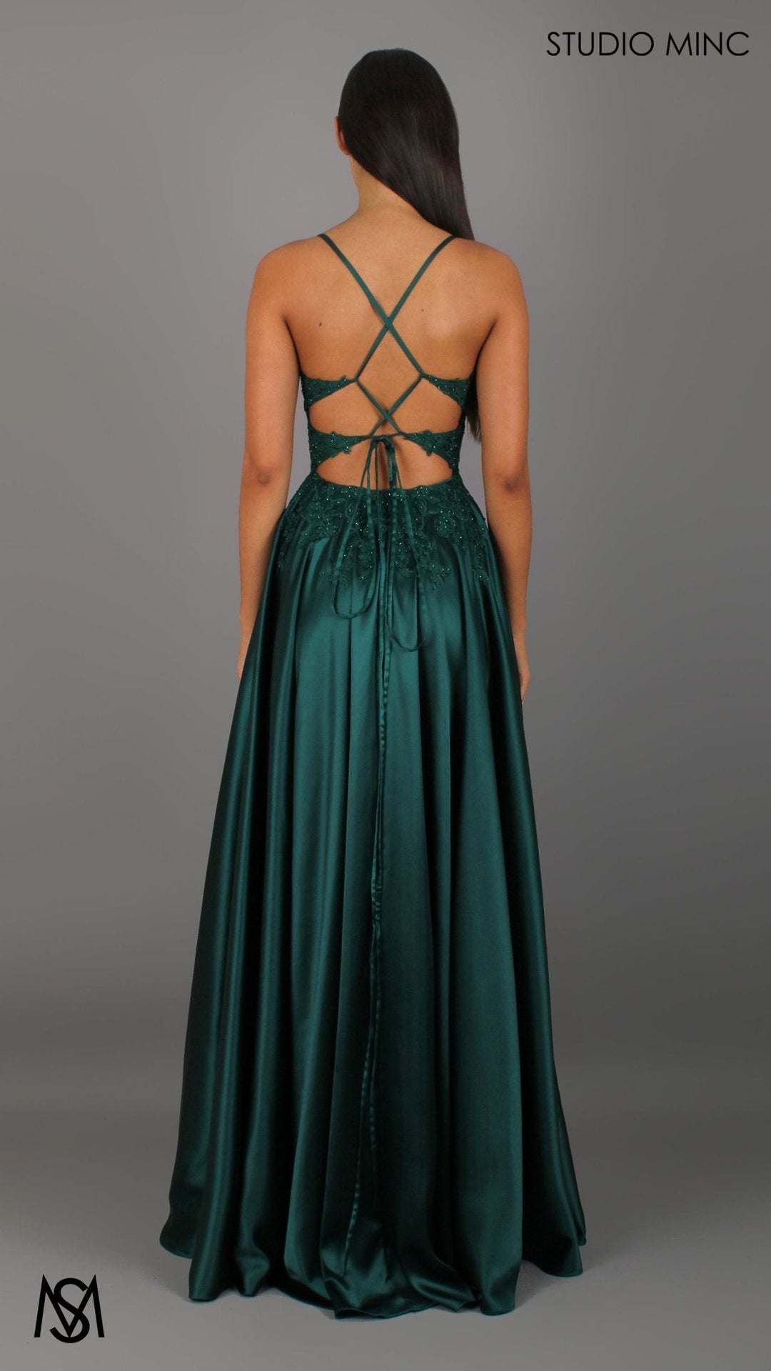 Eden - Emerald Green formal dress | Floral V neckline, backless, A-line Satin Gown with Pockets