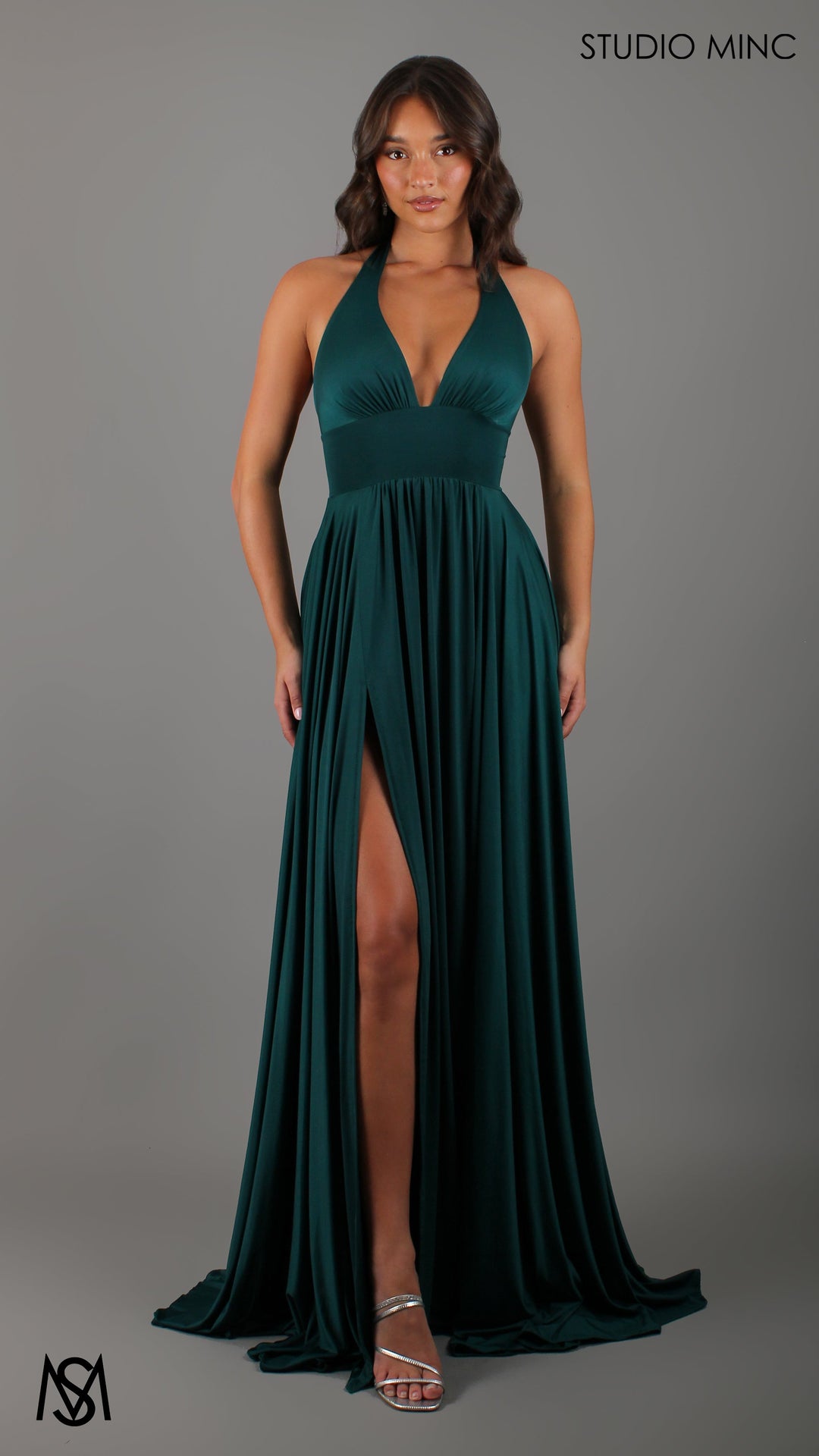 LOVE - Emerald Green Flowy Formal Dress with Plunge Neckline &amp; Leg Split