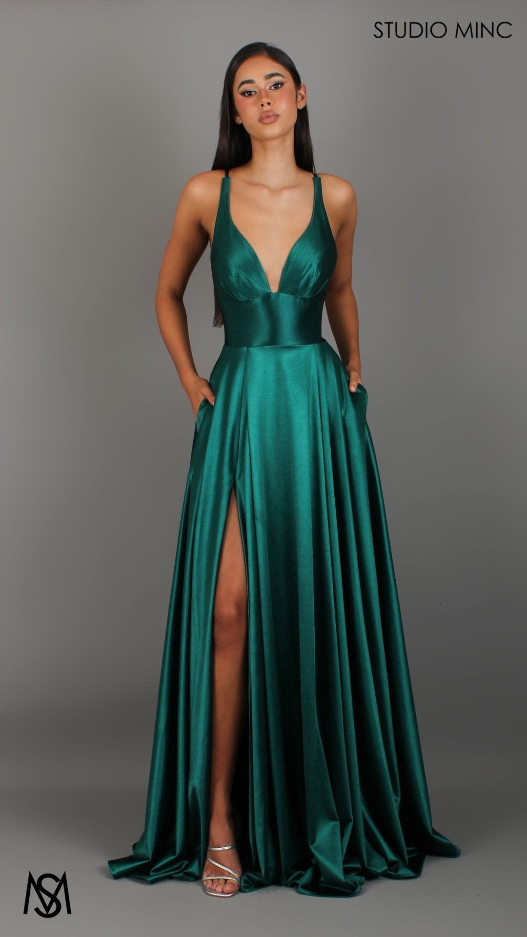 Timeless - Emerald Green formal dress | V neckline, backless A-line Satin Gown with Pockets