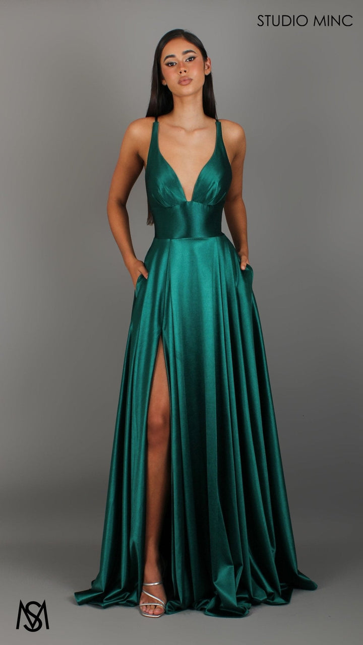 Timeless - Emerald Green formal dress | V neckline, backless A-line Satin Gown with Pockets