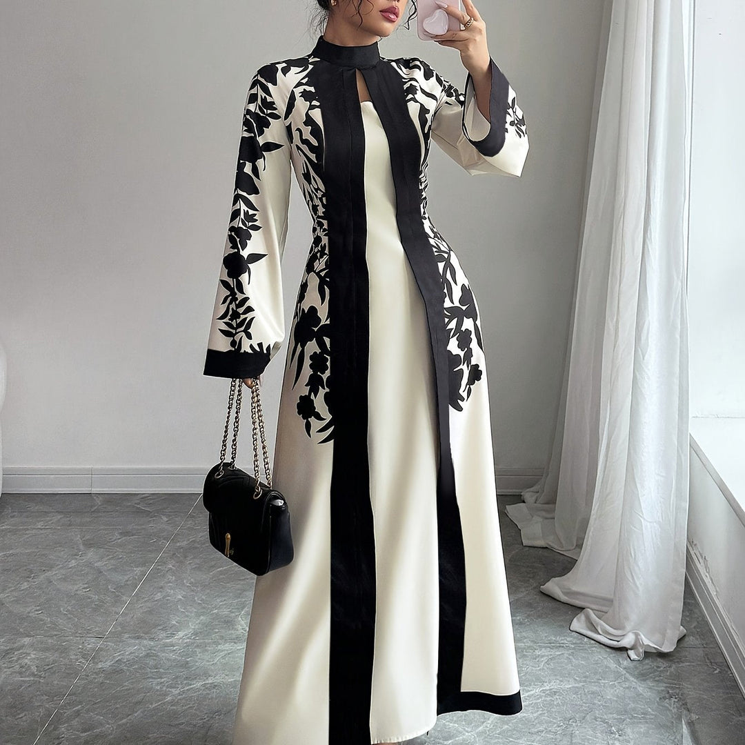 Fashionable Elegant Faux Two-Piece Fall/Winter New Floral Print Long Sleeve Maxi Dress