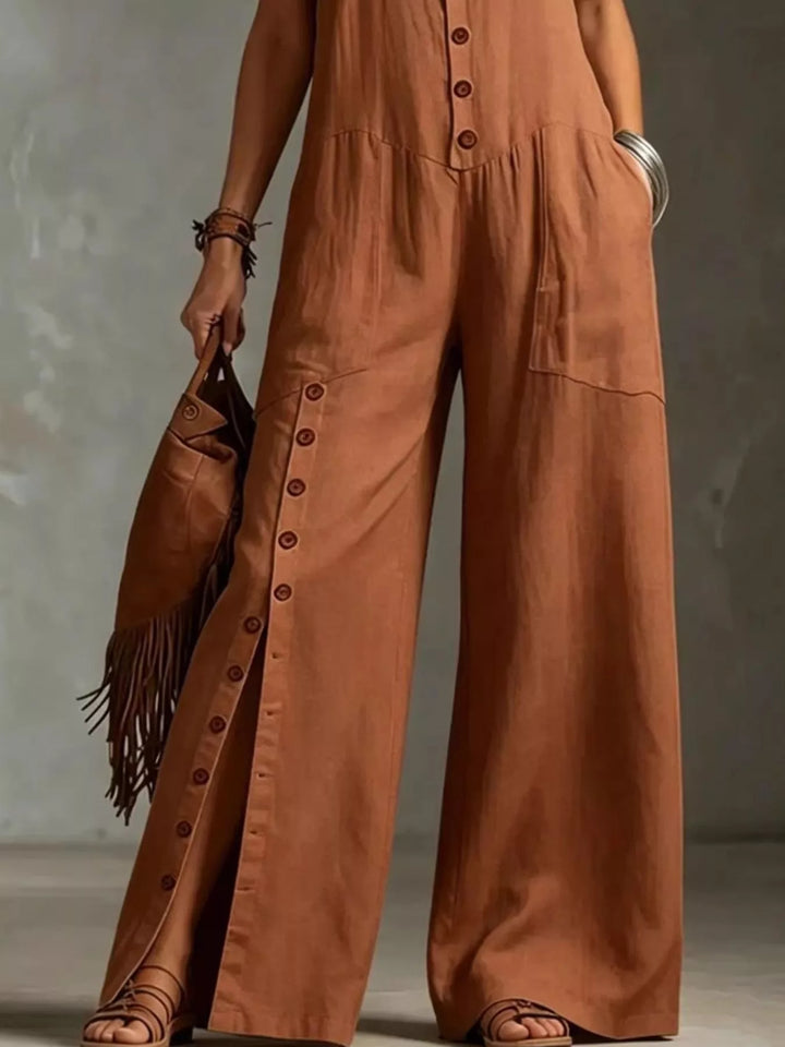 Sleeveless Button-Front Wide-Leg Jumpsuit — Plus Size