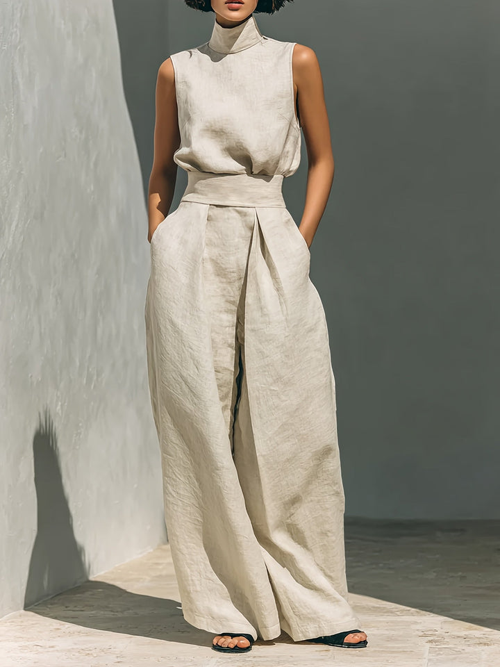 Minimalist Lazy Style Linen Sleeveless Stand-Up Collar Top with High-Waisted Wide-Leg Pants Loose And Two-Piece Set Temperament Casual Commuting Suit [ZLLZ]