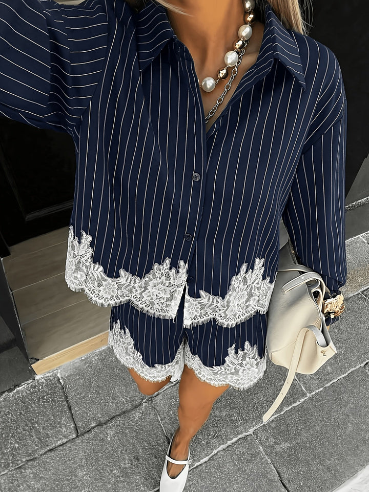 Lace Trim Patchwork Striped Shirt  Shorts Set