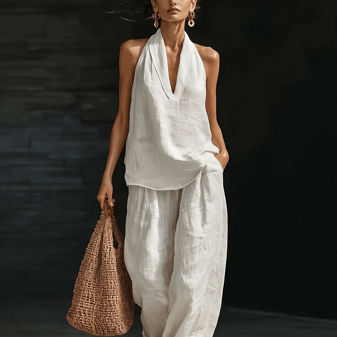 Linen V-Neck Top and Wide-Leg Pants Set
