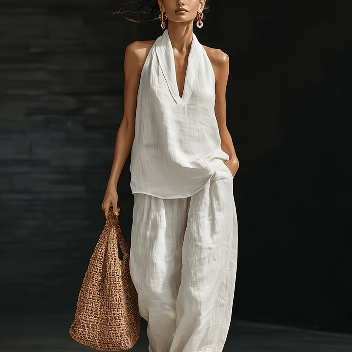 Linen V-Neck Top and Wide-Leg Pants Set