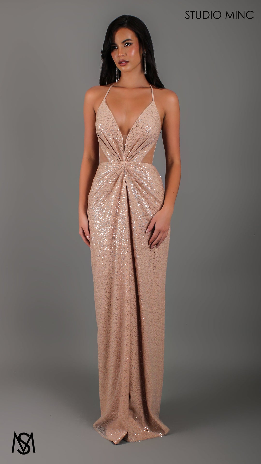 Nightfall - Gold Formal Dress, Sequin net plunge V neckline, cut outs backless lace up