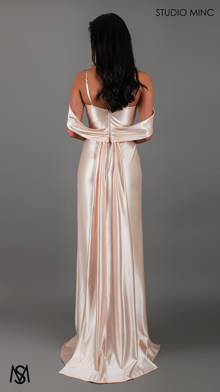 Opulence - Champagne Gold Formal Dress, Satin V Neckline, arm drapes and leg slit