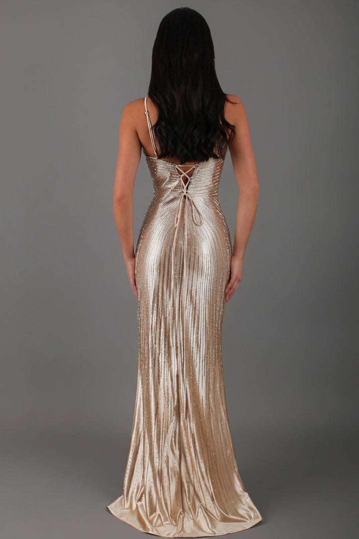 Starlight - Champagne Gold Formal Dress, Rhinestone V Plunge Neckline Fitted Mermaid Leg Split