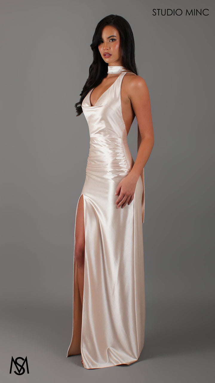 Suave - Champagne Gold Formal Dress, Halter Neck Cowl fitted backless leg slit with scarf