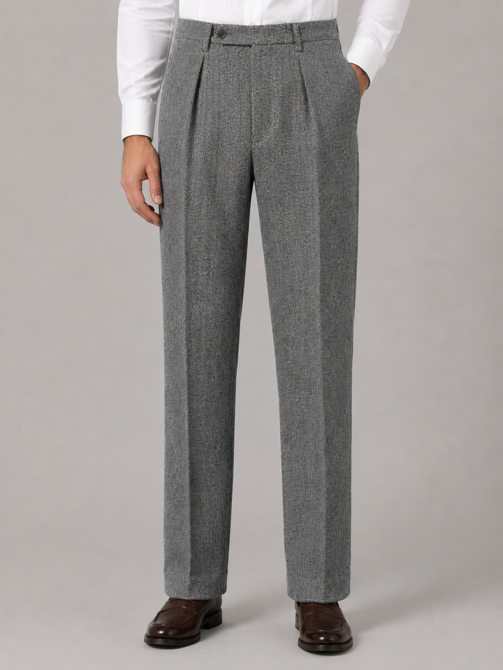 Men’s Herringbone Pleated Trousers – Straight Leg Tailored Fit | Nero &amp; Luya