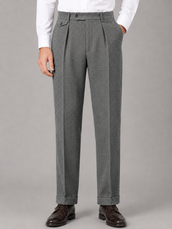 Men’s Herringbone Pleated Tailored Trousers – Straight Leg Tailored Fit | Nero &amp; Luya