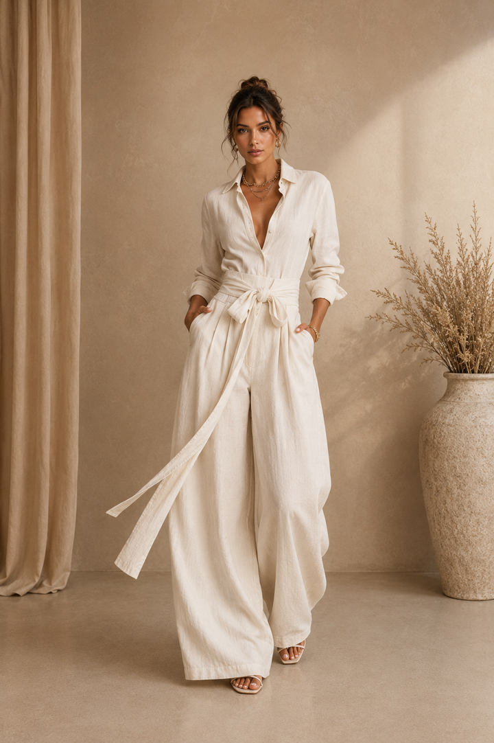 Roberta | Linen Shirt Collar Jumpsuit with Belt