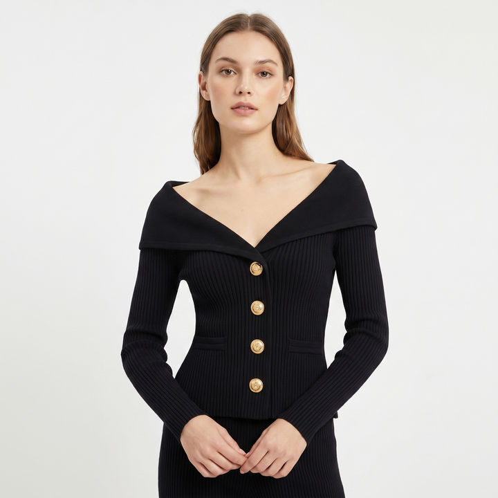Victoire | Gold Button Bardot Lapel Fitted Ribbed Cardigan