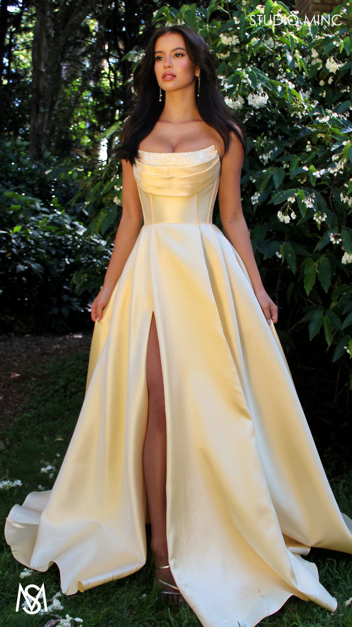Honey - Light Yellow formal Dress | Strapless corset pearl detail Mikado satin ball gown