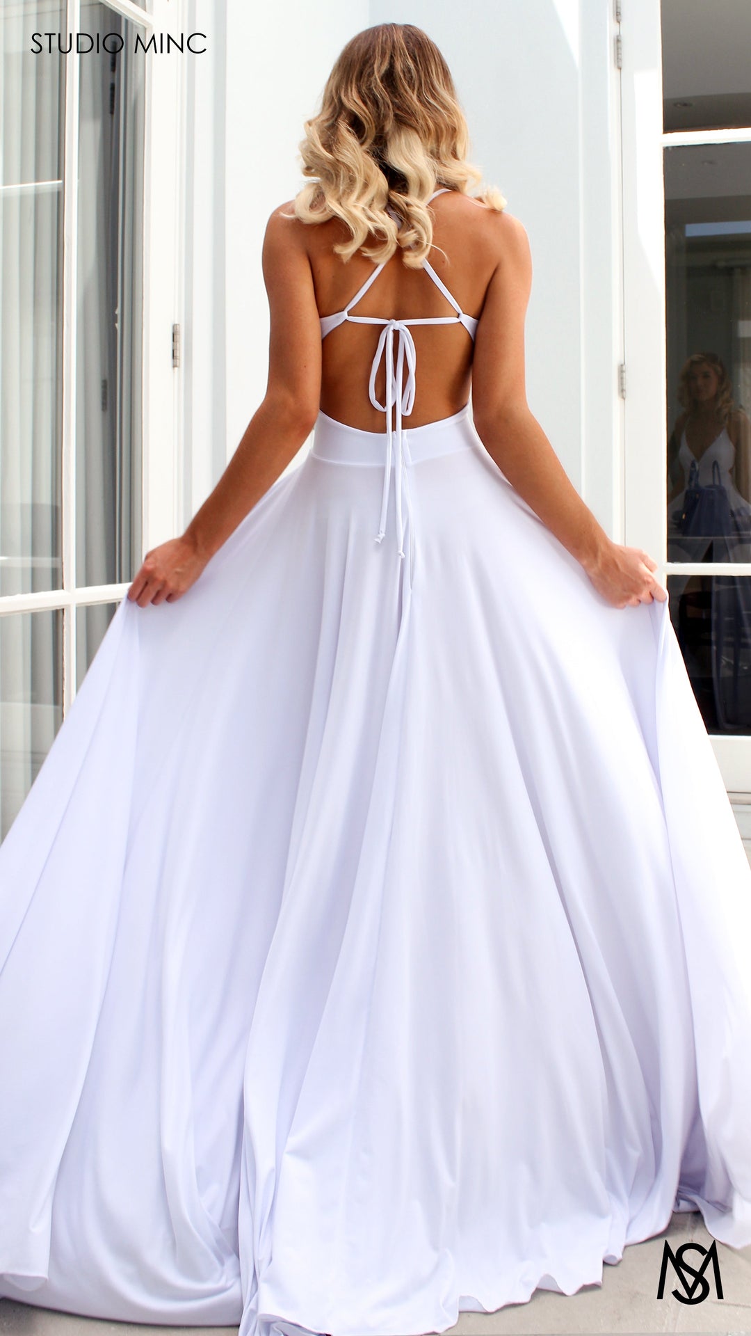 COSMO - White Flowy Formal Dress with Leg Split &amp; Cut Outs