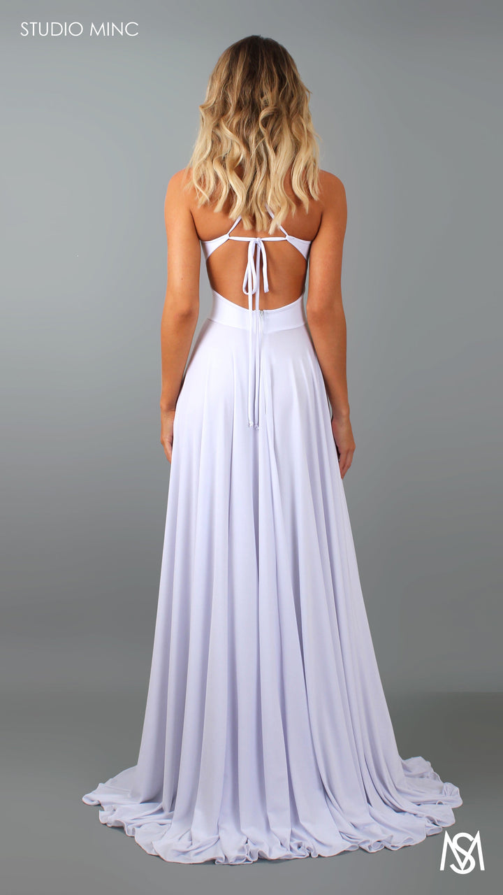 COSMO - White Flowy Formal Dress with Leg Split &amp; Cut Outs