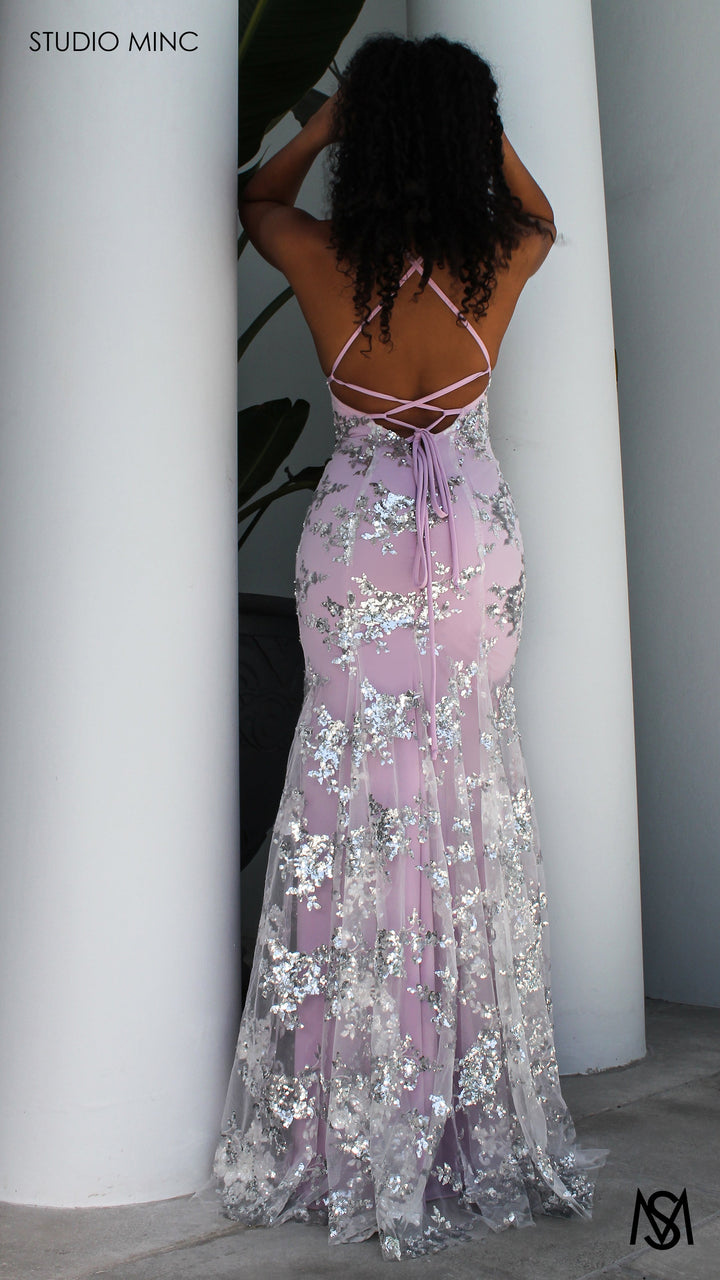 SERENDIPITY - Lavender Purple Formal Dress with Silver Sequin Overlay &amp; Leg Split