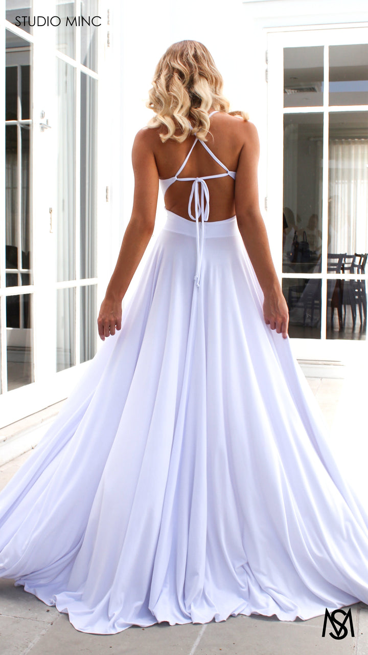 COSMO - White Flowy Formal Dress with Leg Split &amp; Cut Outs