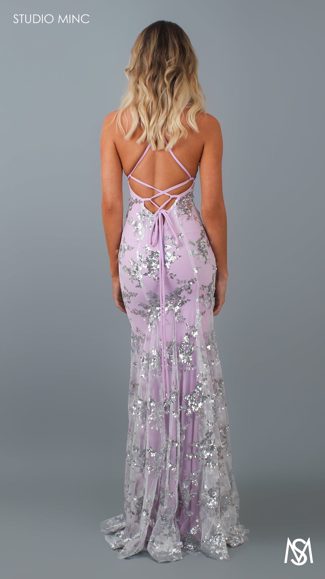 SERENDIPITY - Lavender Purple Formal Dress with Silver Sequin Overlay &amp; Leg Split