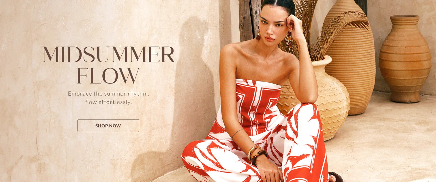 Woman in a red and white outfit sitting on a chair with decorative vases and text 'Midssummer Flow' in the background.