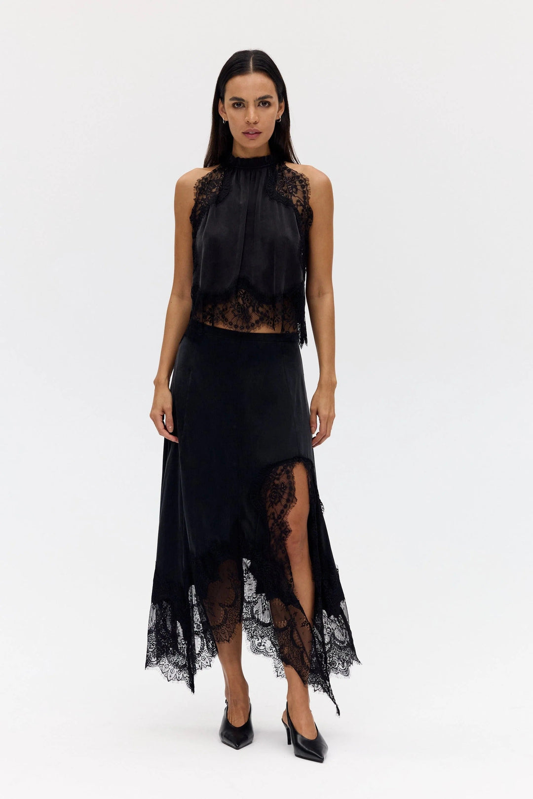 Modern Muse Satin Lace Trim Pleated Neck Top and A-line Irregular Slit Skirt Set