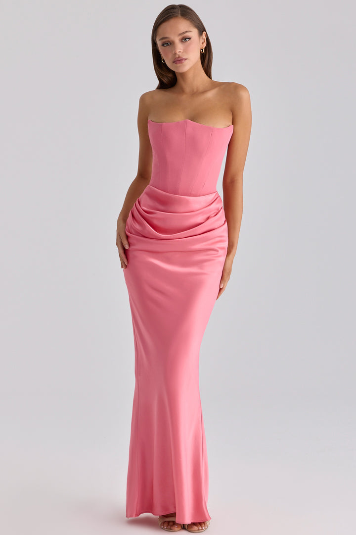 Raspberry satin + crepe strapless corset maxi dress