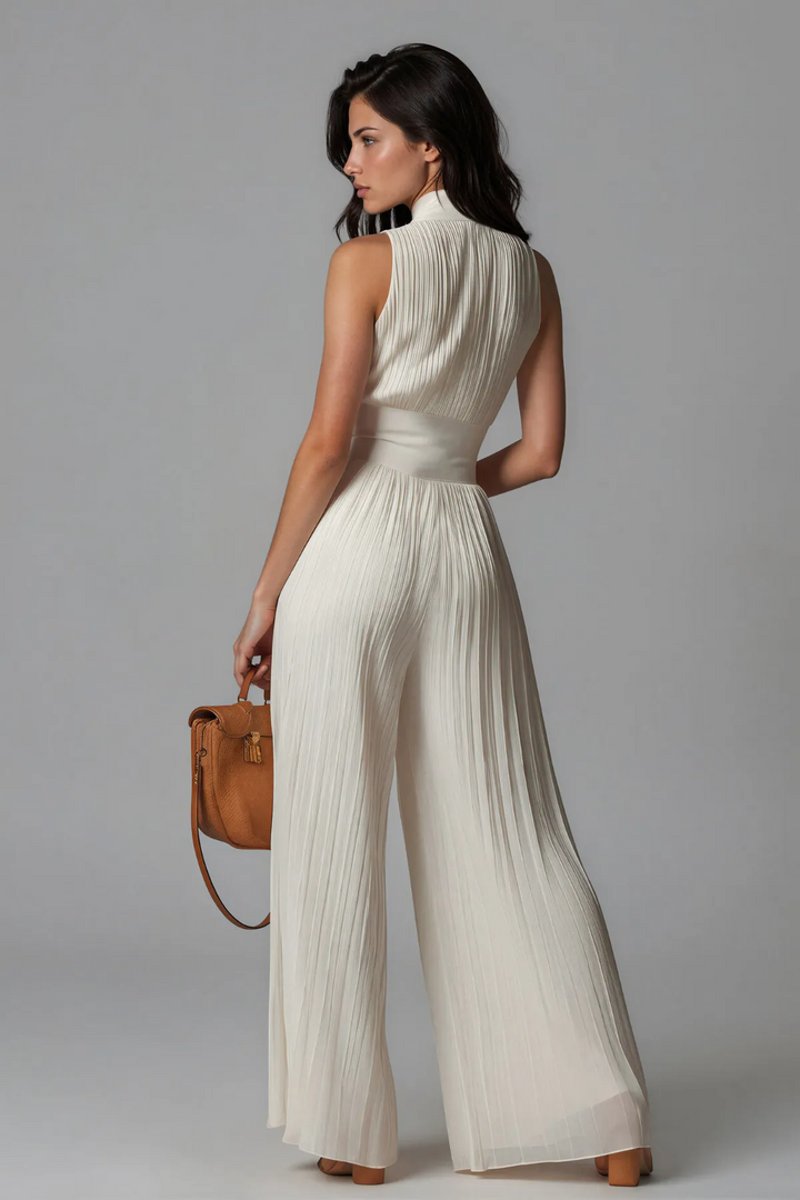 Ivory Pleated Evening Jumpsuit — Elegant Wide-Leg Jumpsuit