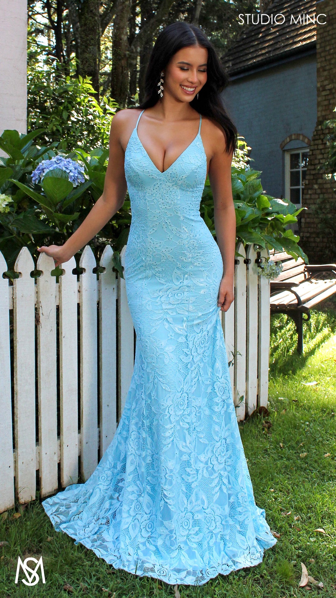 Jasmine - Light Blue formal dress | lace V neckline fitted mermaid lace up