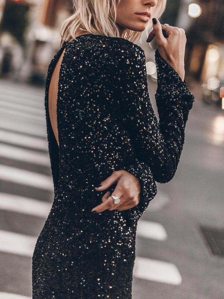 Sequin Sparkly Nights Long Sleeve Open Back Loose Midi Dress