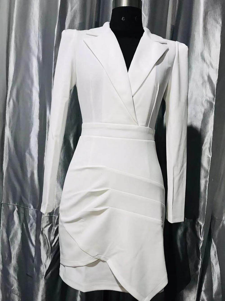Classic Irregular Pleated Slim-Fit Suit Collar Mini Dress (Without Belt)