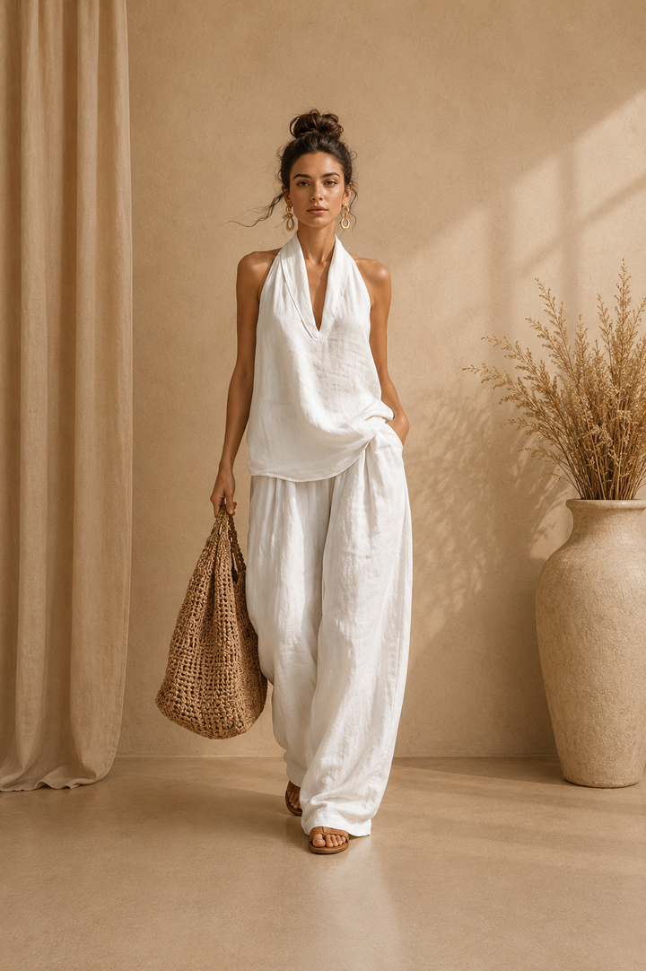 Linen V-Neck Top and Wide-Leg Pants Set