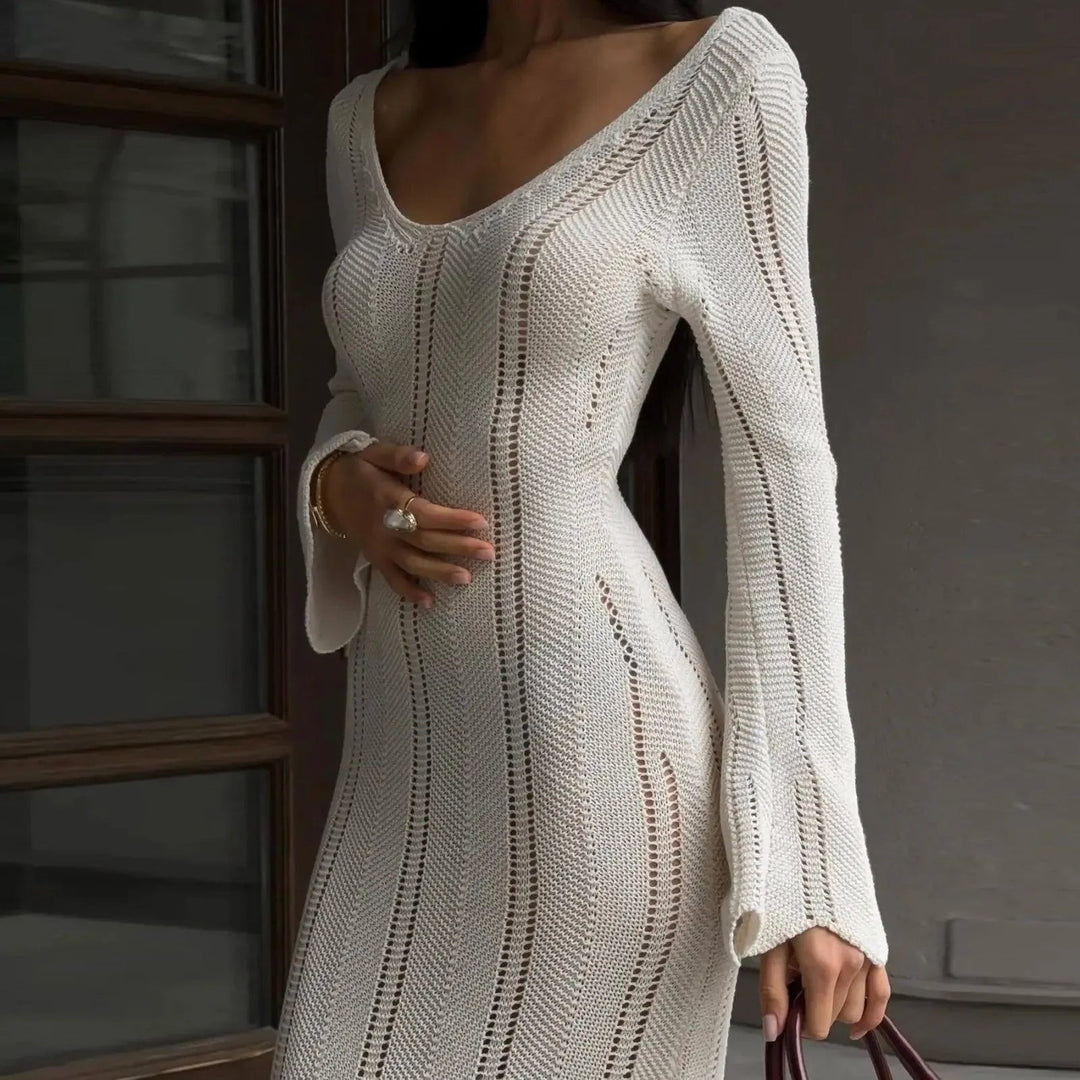 Juno White Knitted Long-Sleeved Maxi Dress