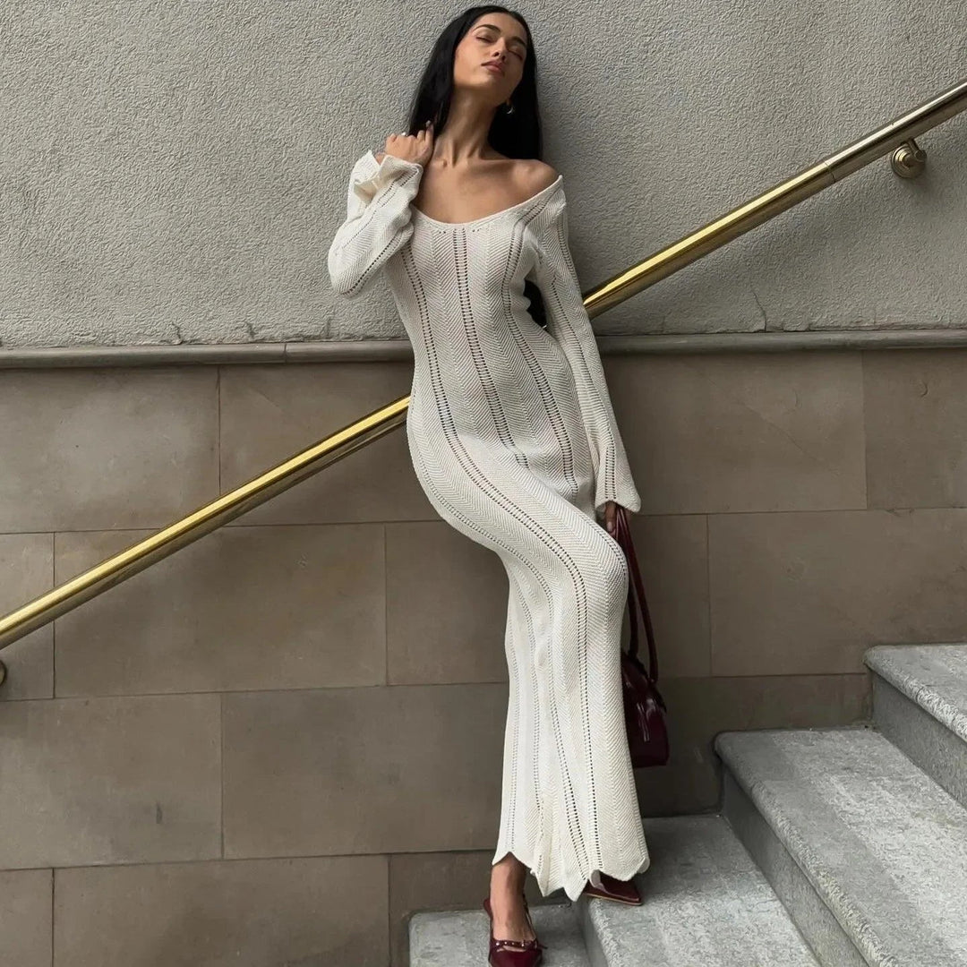 Juno White Knitted Long-Sleeved Maxi Dress