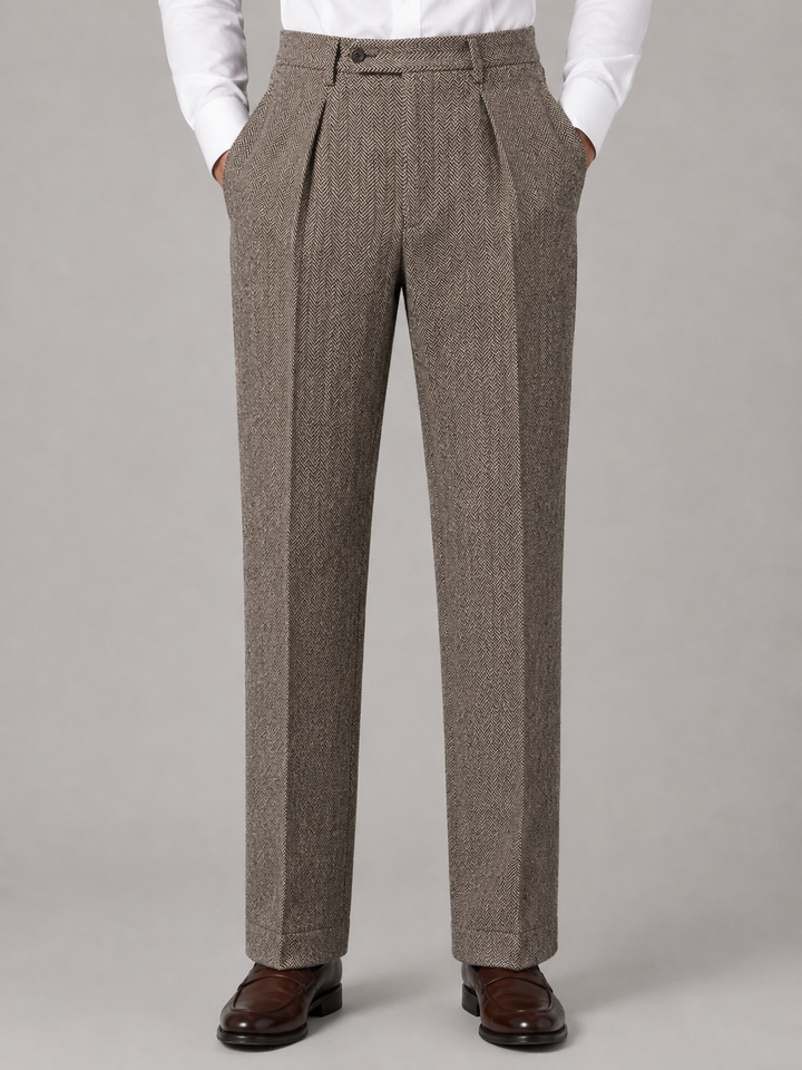 Men’s Herringbone Pleated Trousers – Straight Leg Tailored Fit | Nero &amp; Luya