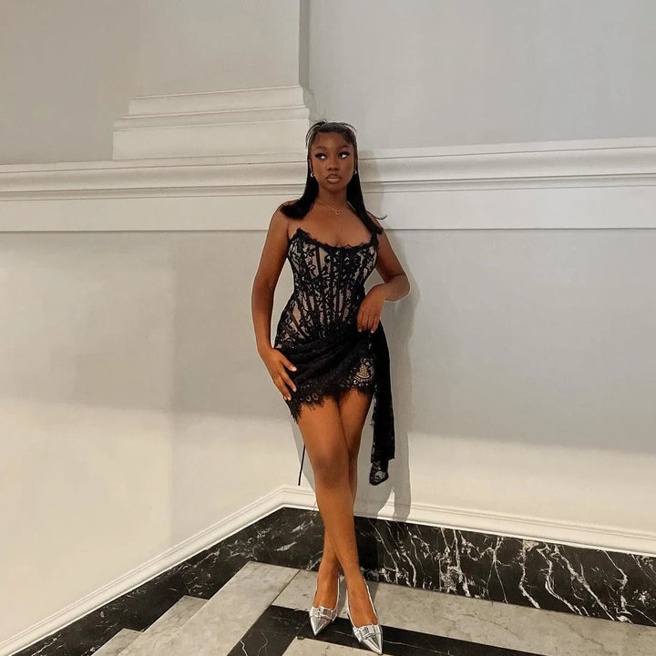 Lace Lure Corset Draped Black Mini Dress