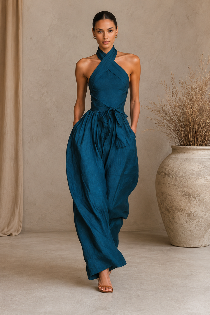 Hallie | Cross Halter Linen  Wide-Leg Jumpsuit