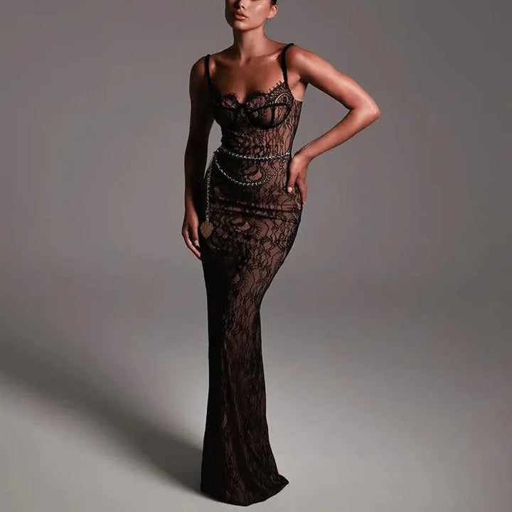 Lovely Lace Backless Black Maxi Dress