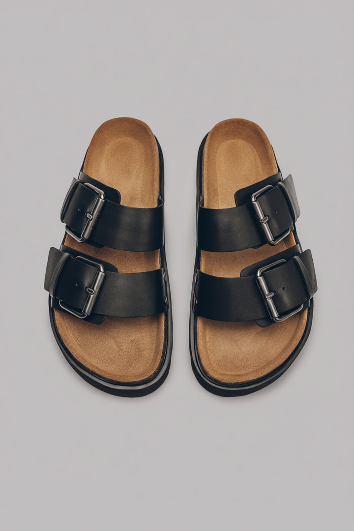 The Black Leather Buckle Sandals